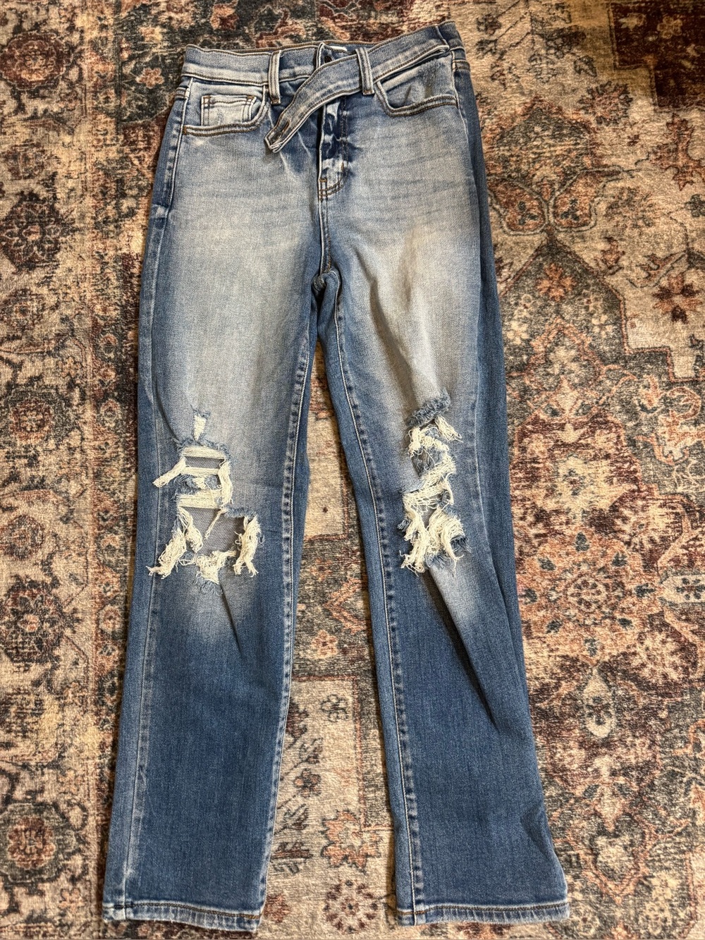 Cello Distressed Light-Mid Blue Straight Leg Jeans